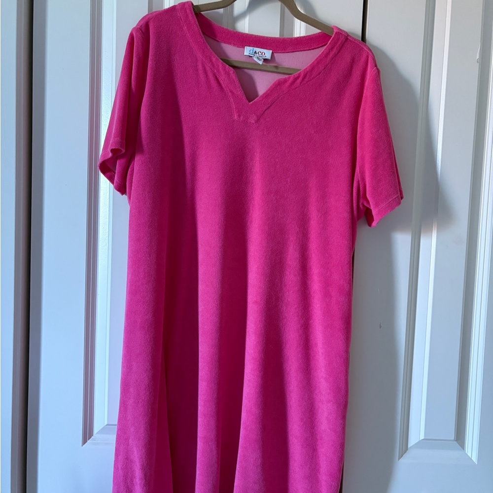 Denim & Co Pink Knit Terry V-Neck Large
